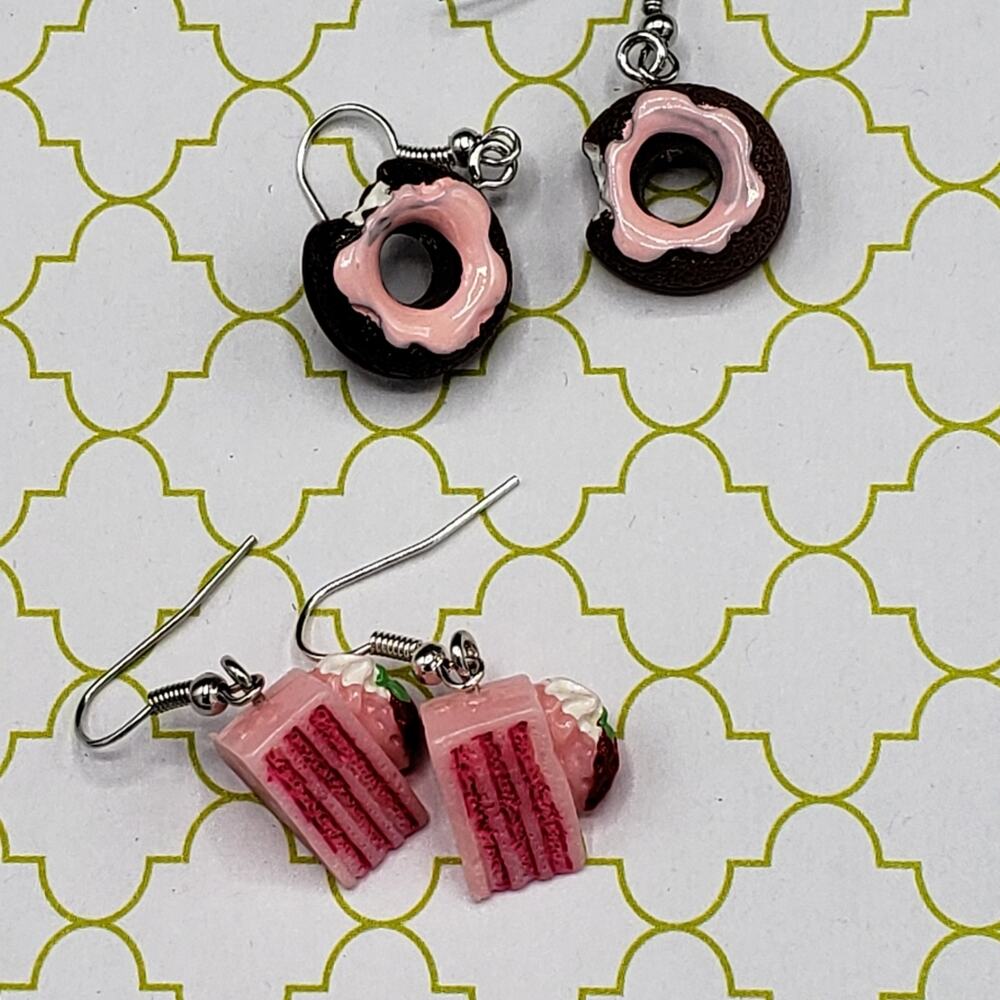 handmade Strawberry layered cake‎ & chocolate donut sweet treat earring set